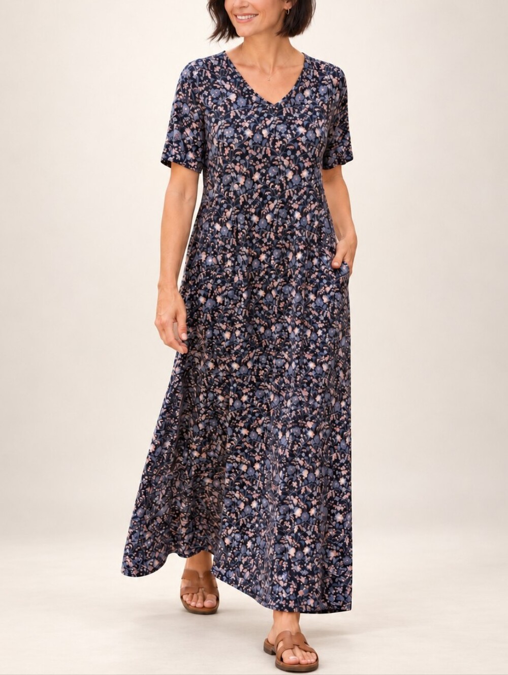 J. Jill Floral short sleeve V neck Cotton Modal stretch Soft Maxi Dress L Petite
